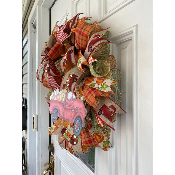 Red Pumpkin Truck Wreath, Rustic Farmhouse Mesh Ribbon Fall Autumn Wreath - Picture 3 of 7